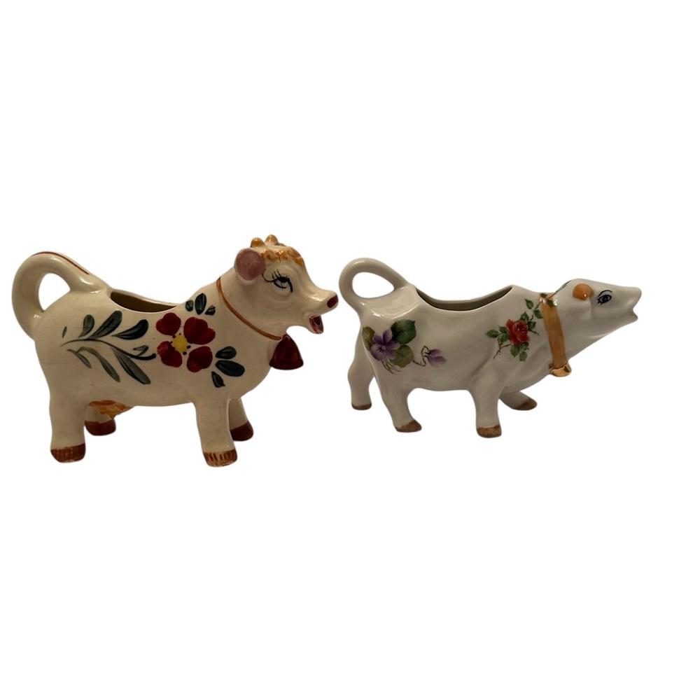 Ceramic Cow Creamer Pitchers Set of 2 Hand Painted Floral Farmhouse Home Decor - Picture 4 of 12